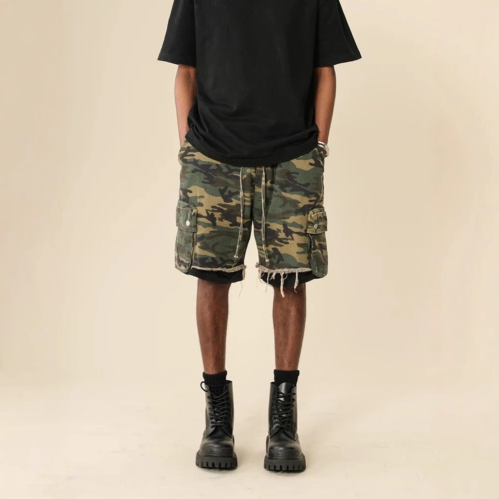 Streetwear Brand Shorts - American Streetwear Raw-edge Washed Vintage Camouflage