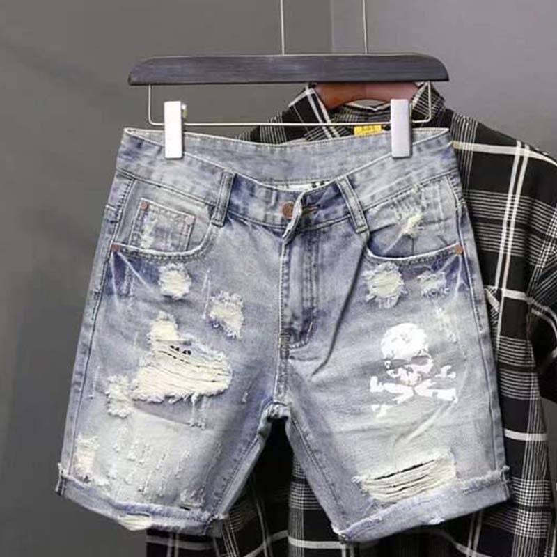 Streetwear Brand Shorts - Summer Men's Worn Bead Hole Beggar
